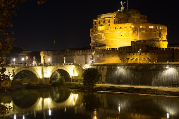 Night scene of Rome Tevere river and Mausoleum of Hadrian Italian landmark