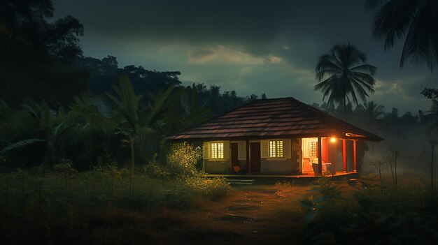 Night scene of a small house in the middle of a jungle