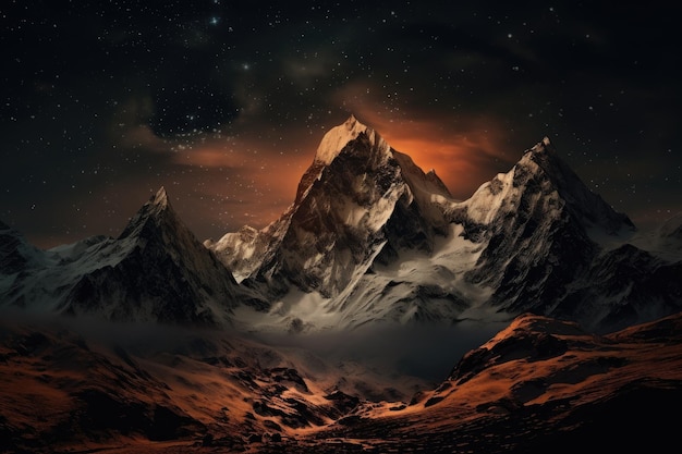 a night scene of a snowy mountain range