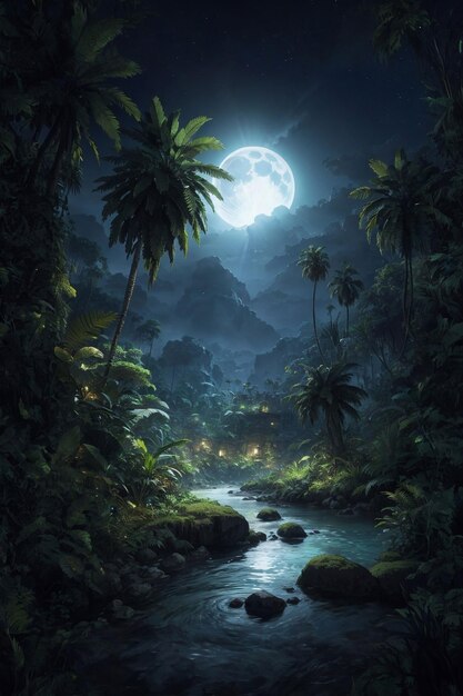 night scene a tropical rainforest background generative by ai