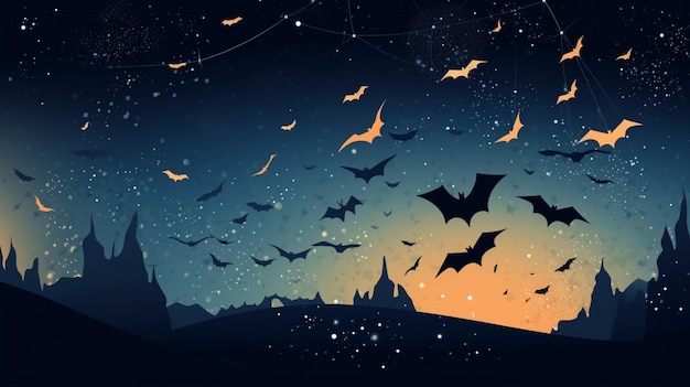 A night scene with bats flying in the sky.