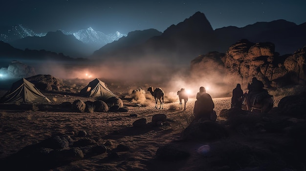 A night scene with a camp in the background and a few people on a camels in front of a mountain.