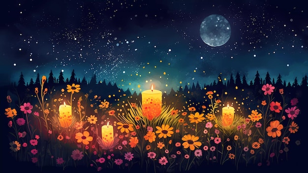 A night scene with a candle in the middle of the flowers.