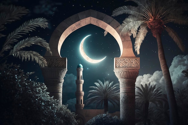 A night scene with a crescent moon and a mosque in the background.