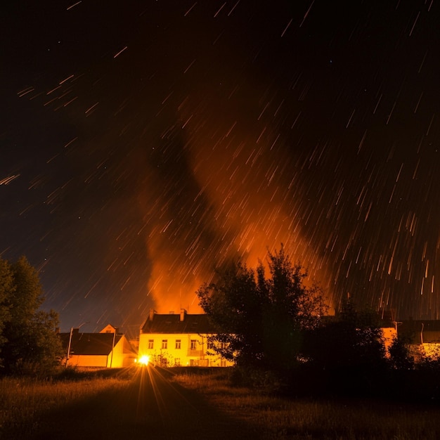 Photo a night scene with a fire in the middle of it