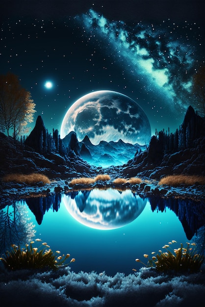 Night scene with a full moon reflecting in the water generative ai