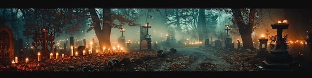 Photo a night scene with a grave with a lit up cross in the background