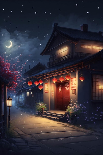 Night scene with a house and lanterns generative ai