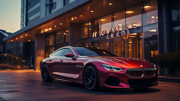 night scene with illuminated futuristic building in backgroundsport car