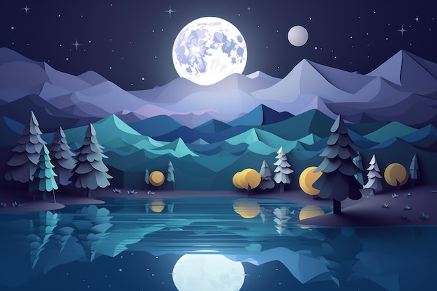 A night scene with a lake and full moon.