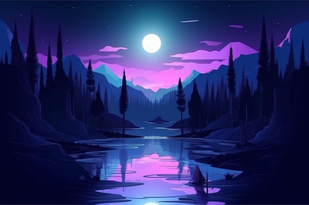 A night scene with a lake and mountains in the background.