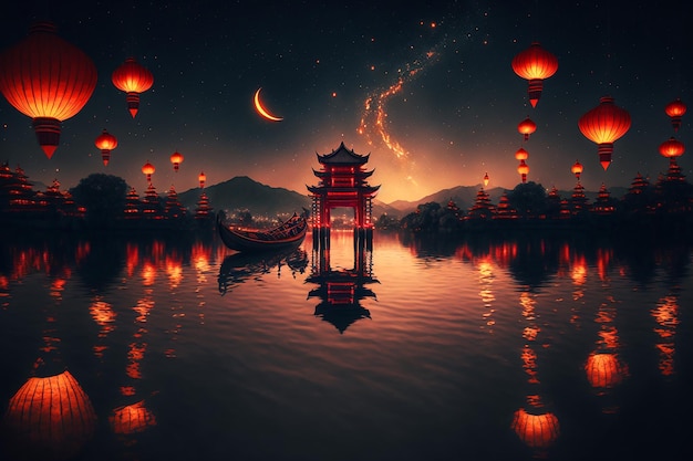 A night scene with a lantern and the moon