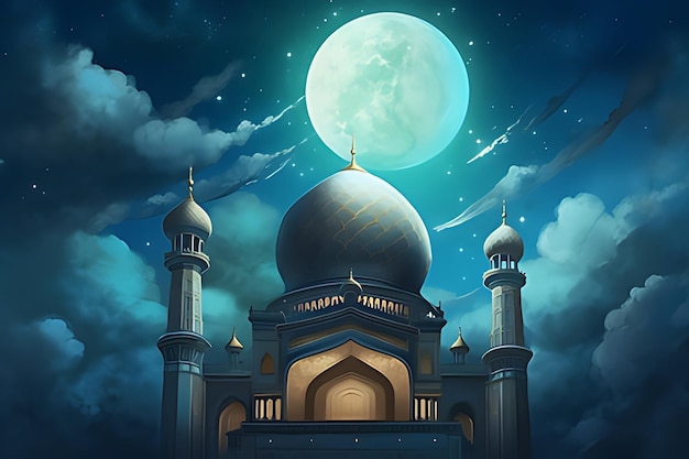 A night scene with a moon and a mosque in the background generative ai