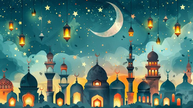 a night scene with a moon and a mosque