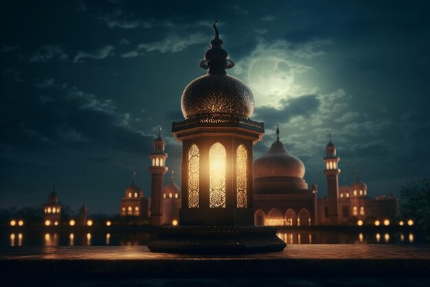 A night scene with a mosque and a full moon Ramadan Eid Ul Fitr Generative ai