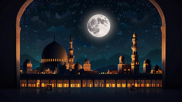 Photo a night scene with a mosque and a moon in the background