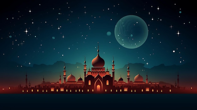 a night scene with a mosque and a moon in the background