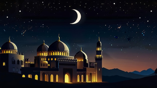 Photo a night scene with a mosque and the moon