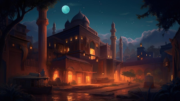 A night scene with a mosque and the moon