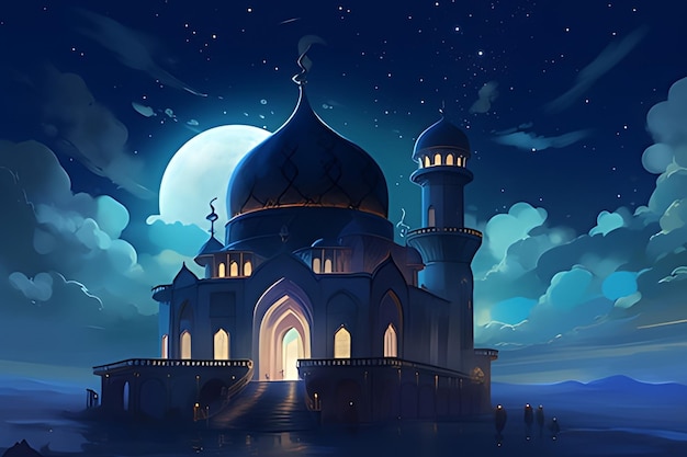 A night scene with a mosque and a moon