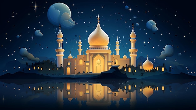 a night scene with a mosque and the moon