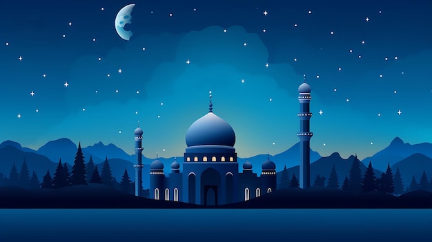 a night scene with a mosque and the moon