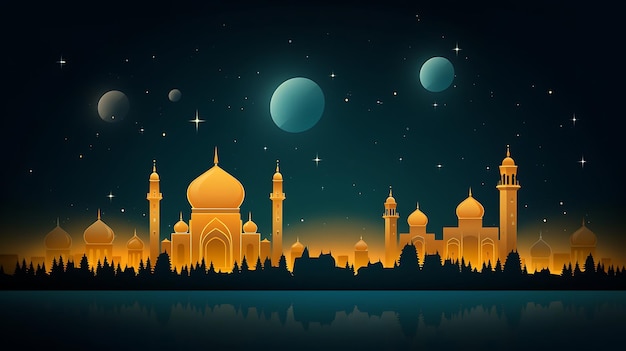 a night scene with a mosque and the moon