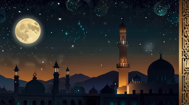 Photo a night scene with a mosque and a starry sky