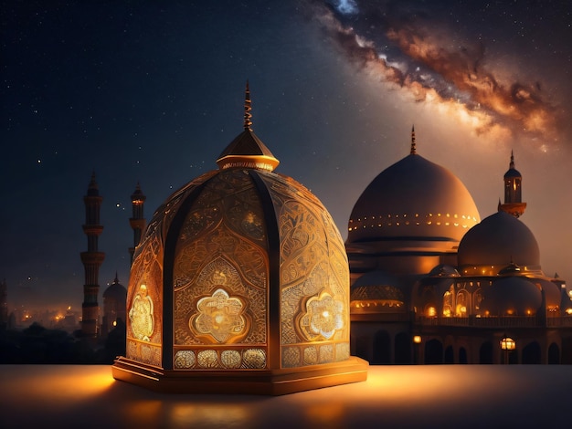 A night scene with a mosque and a starry sky