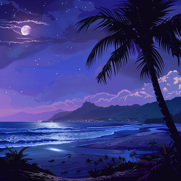 A night scene with a mountain and palm trees illustration background