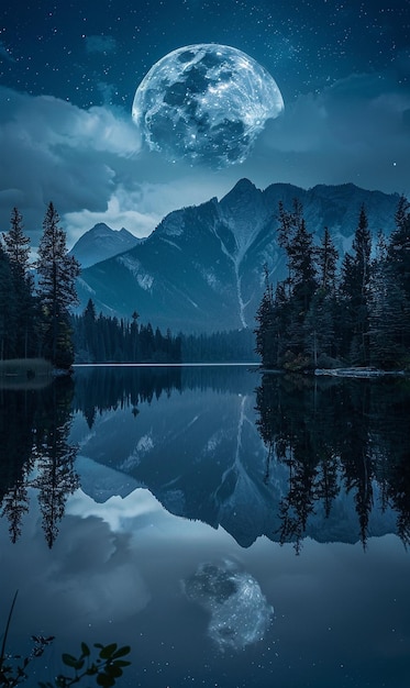 Photo night scene with a mountain and trees in the background