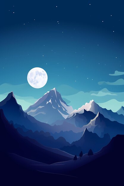 A night scene with mountains and the moon