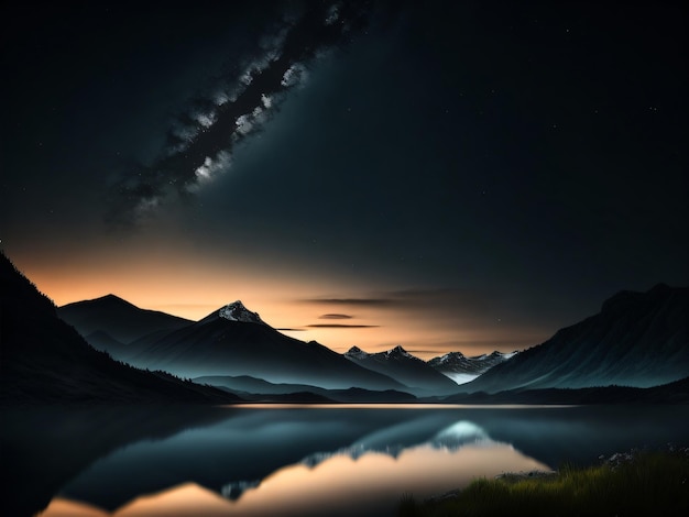 A night scene with mountains and a starry sky