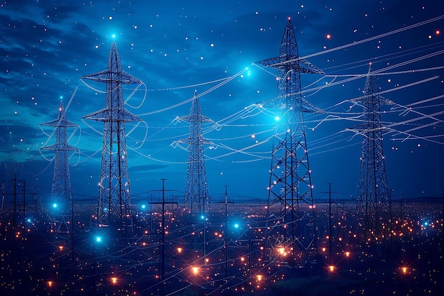 a night scene with power lines and a blue sky with the moon in the background