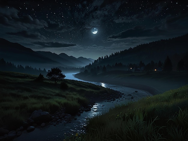 a night scene with a river and a full moon