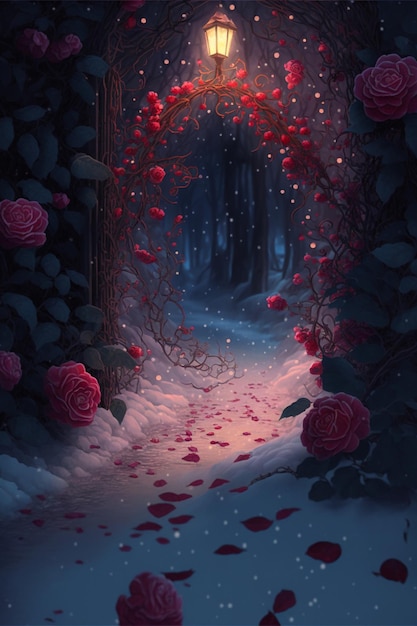 Night scene with roses and a lantern generative ai