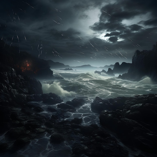 a night scene with a storm and a beach in the background