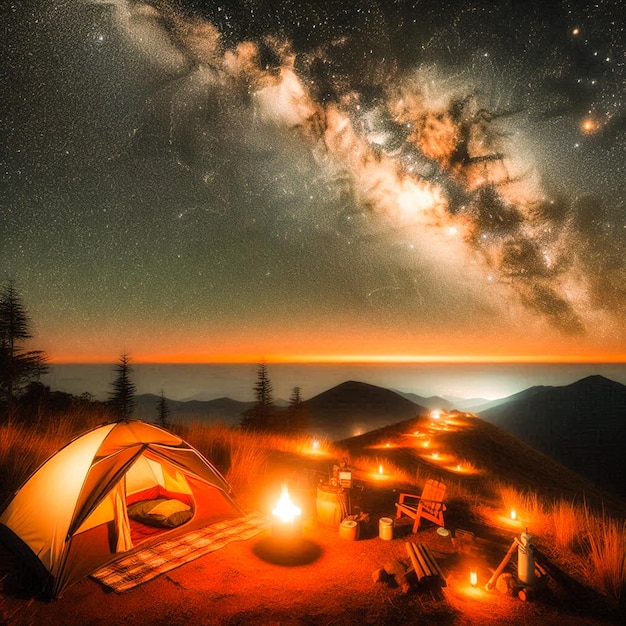 a night scene with a tent and a campfire and a campfire