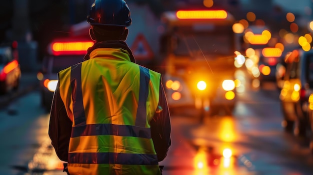 Night scene A worker in a reflective yellow safety vest guiding vehicles