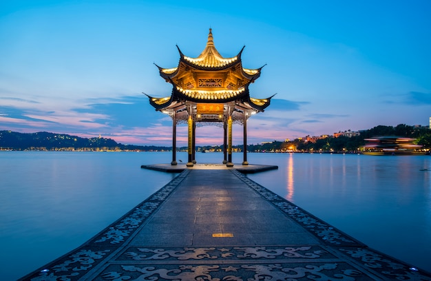 Night scenery of ancient architectural landscape in West Lake, Hangzhou