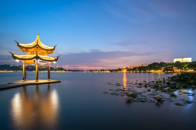 Night scenery of ancient architectural landscape in West Lake, Hangzhou