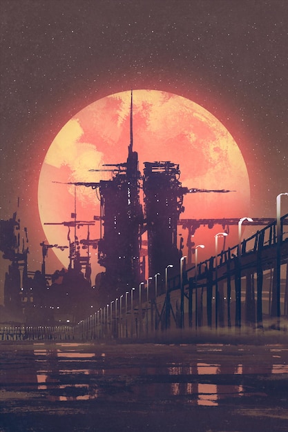 night scenery of futuristic city with red planet on background,illustration painting