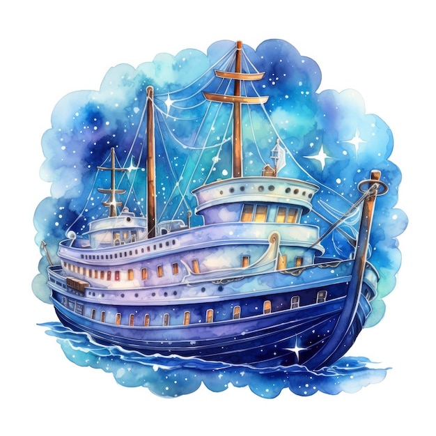 Night sea ship watercolor style for Tshirt design