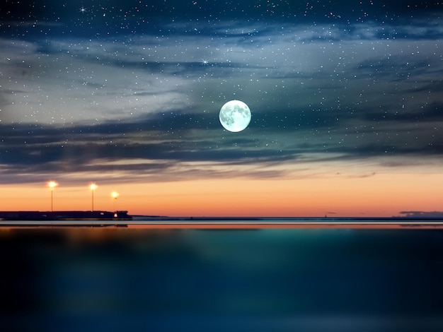 night sea water blurred city light,blue water wave  reflection  starry sky,moon in Italy harbor