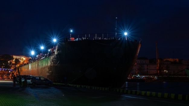 Night at the seaport in Odessa, Ukraine