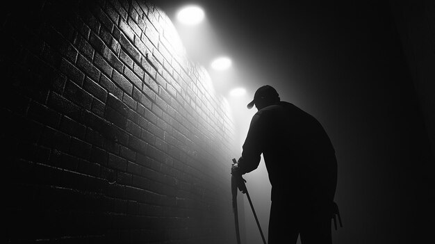 Photo night shift bricklayer working under floodlights