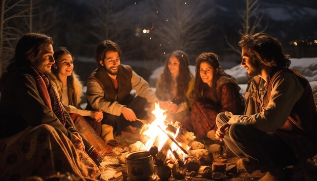 Photo a night shot of a family gathering for nowruz