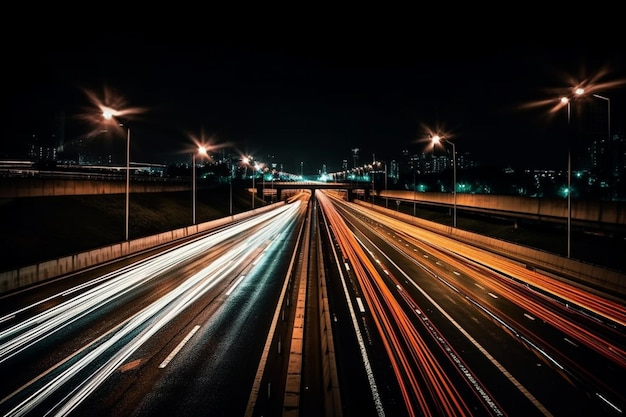 A night shot of a highway with the lights on.