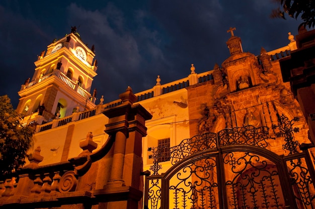 Night shot of Metropolitan cathedral facade (1559), Sucre, Bolivia,South America