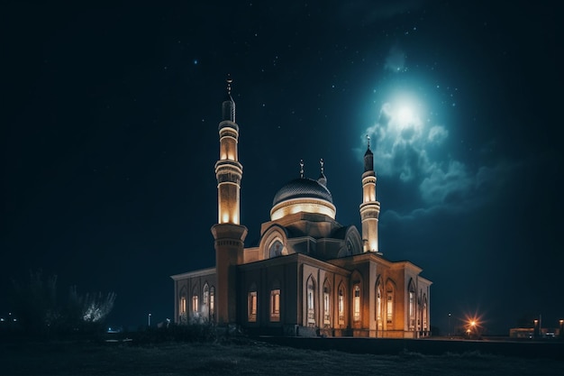 A night shot of a mosque with the moon in the background